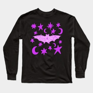 Creepy Cute Vampire Bat with Stars and Moons, Magenta Long Sleeve T-Shirt